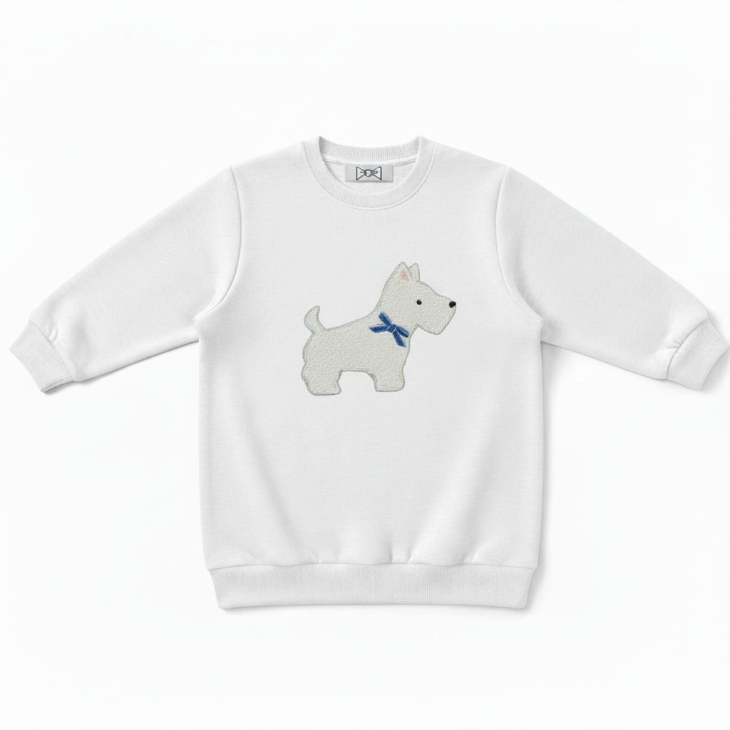 White Scottie Dog Blue Bow Crewneck C1073