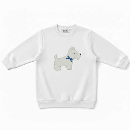 White Scottie Dog Blue Bow Crewneck C1073