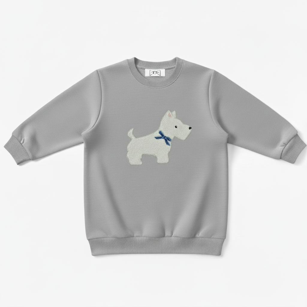 White Scottie Dog Blue Bow Crewneck C1073