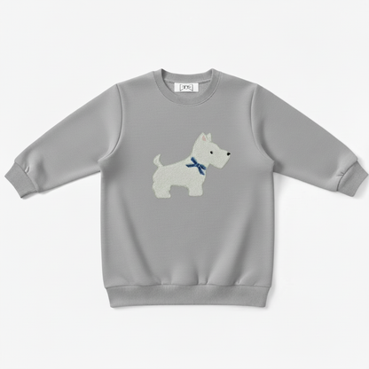 White Scottie Dog Blue Bow Crewneck C1073