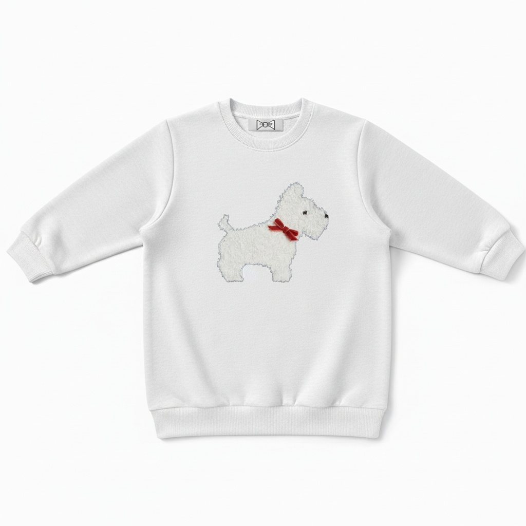Fluffy White Scottie Red Bow Crewneck C1084