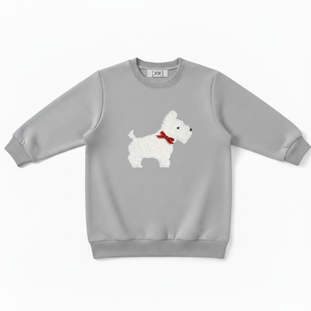 Fluffy White Scottie Red Bow Crewneck C1084