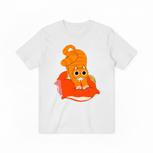 Whimsical Cat on Pillow Graphic Tee – A Cozy Statement for Cat Enthusiasts T4020