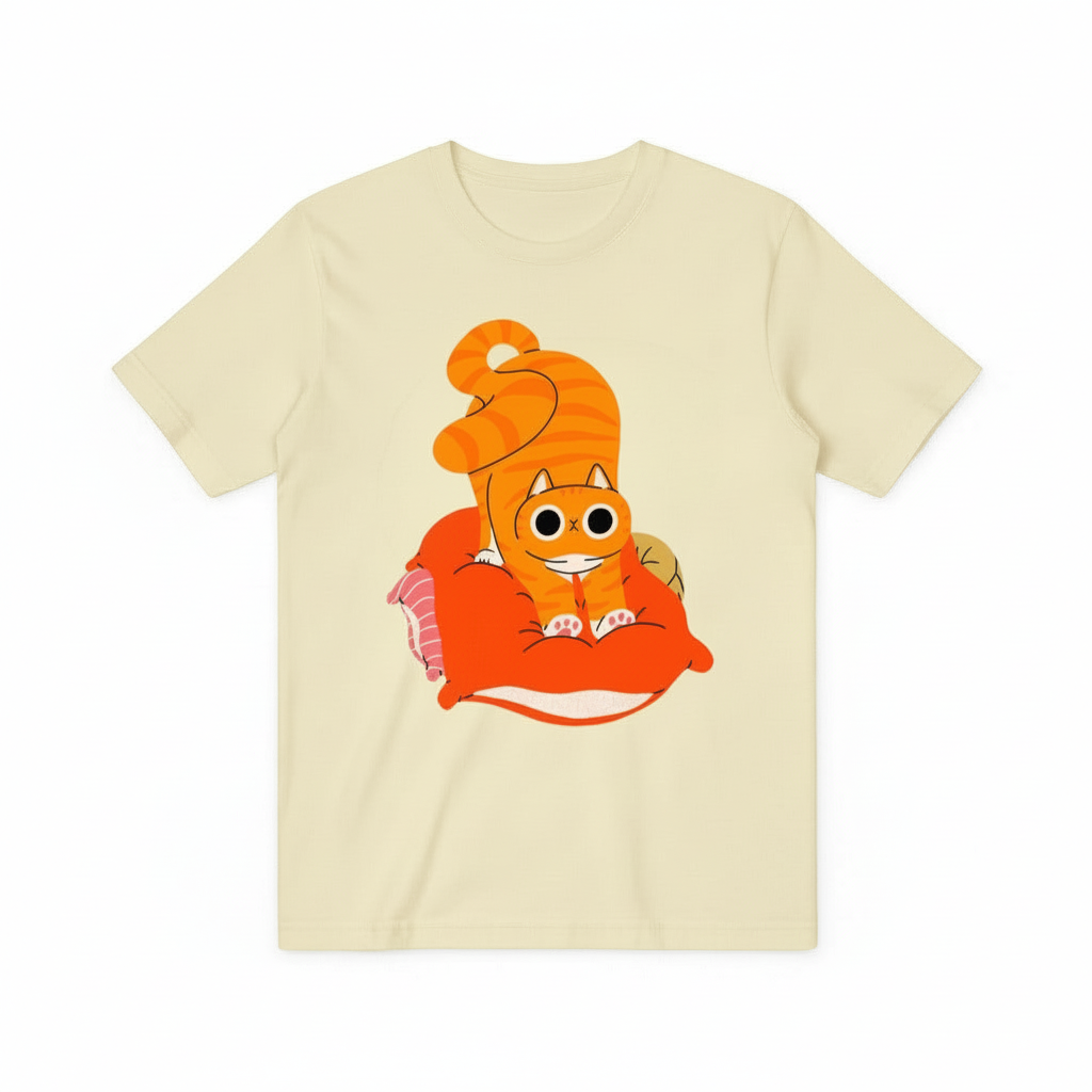 Whimsical Cat on Pillow Graphic Tee – A Cozy Statement for Cat Enthusiasts T4020