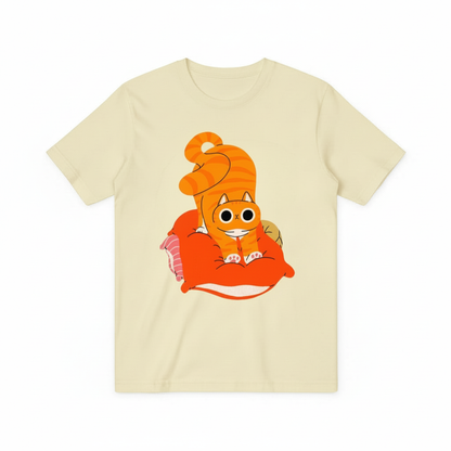 Whimsical Cat on Pillow Graphic Tee – A Cozy Statement for Cat Enthusiasts T4020