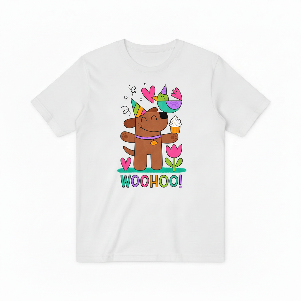 Whimsical Dog & Bird Celebration Graphic Tee – A Fun Statement for Good Times T4023