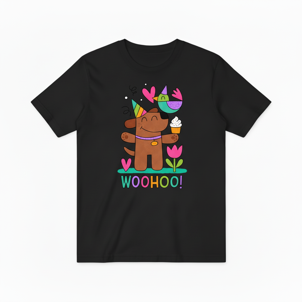 Whimsical Dog & Bird Celebration Graphic Tee – A Fun Statement for Good Times T4023