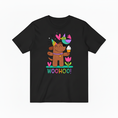 Whimsical Dog & Bird Celebration Graphic Tee – A Fun Statement for Good Times T4023