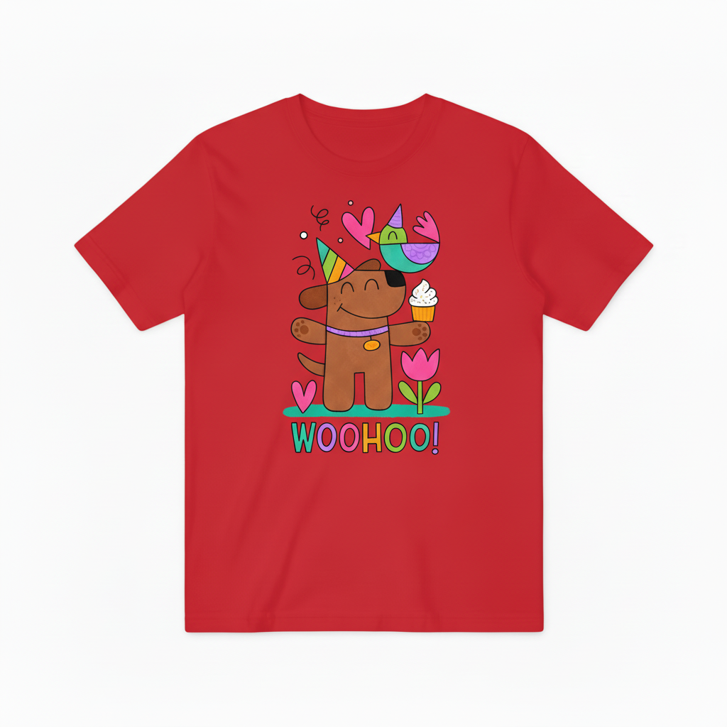 Whimsical Dog & Bird Celebration Graphic Tee – A Fun Statement for Good Times T4023