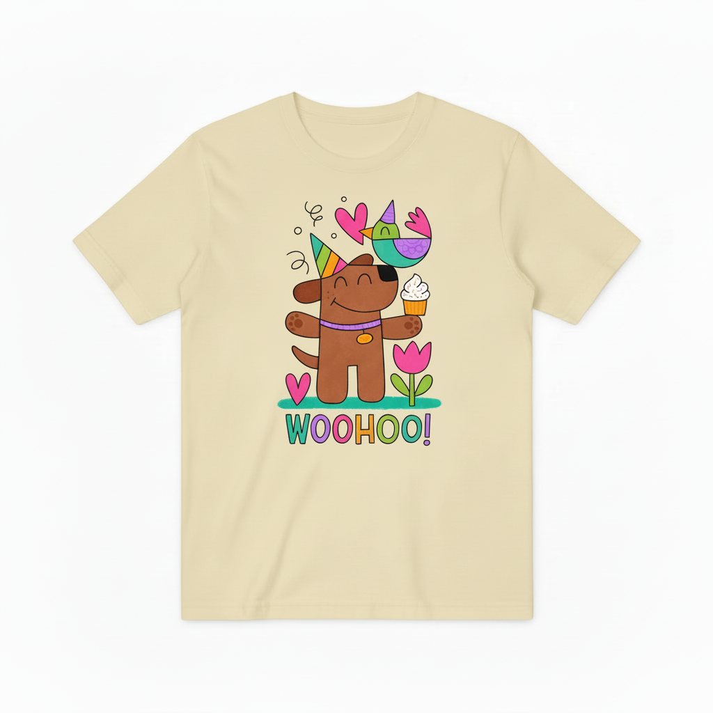 Whimsical Dog & Bird Celebration Graphic Tee – A Fun Statement for Good Times T4023