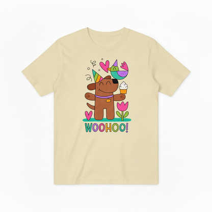 Whimsical Dog & Bird Celebration Graphic Tee – A Fun Statement for Good Times T4023