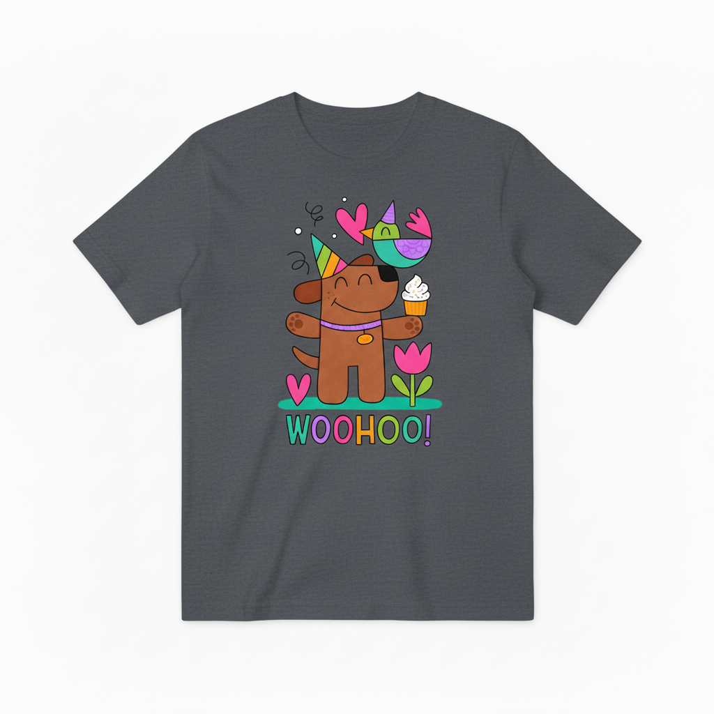 Whimsical Dog & Bird Celebration Graphic Tee – A Fun Statement for Good Times T4023