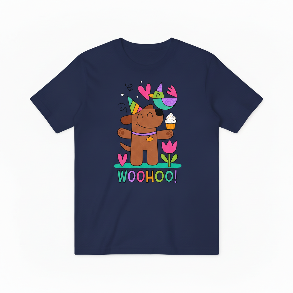 Whimsical Dog & Bird Celebration Graphic Tee – A Fun Statement for Good Times T4023