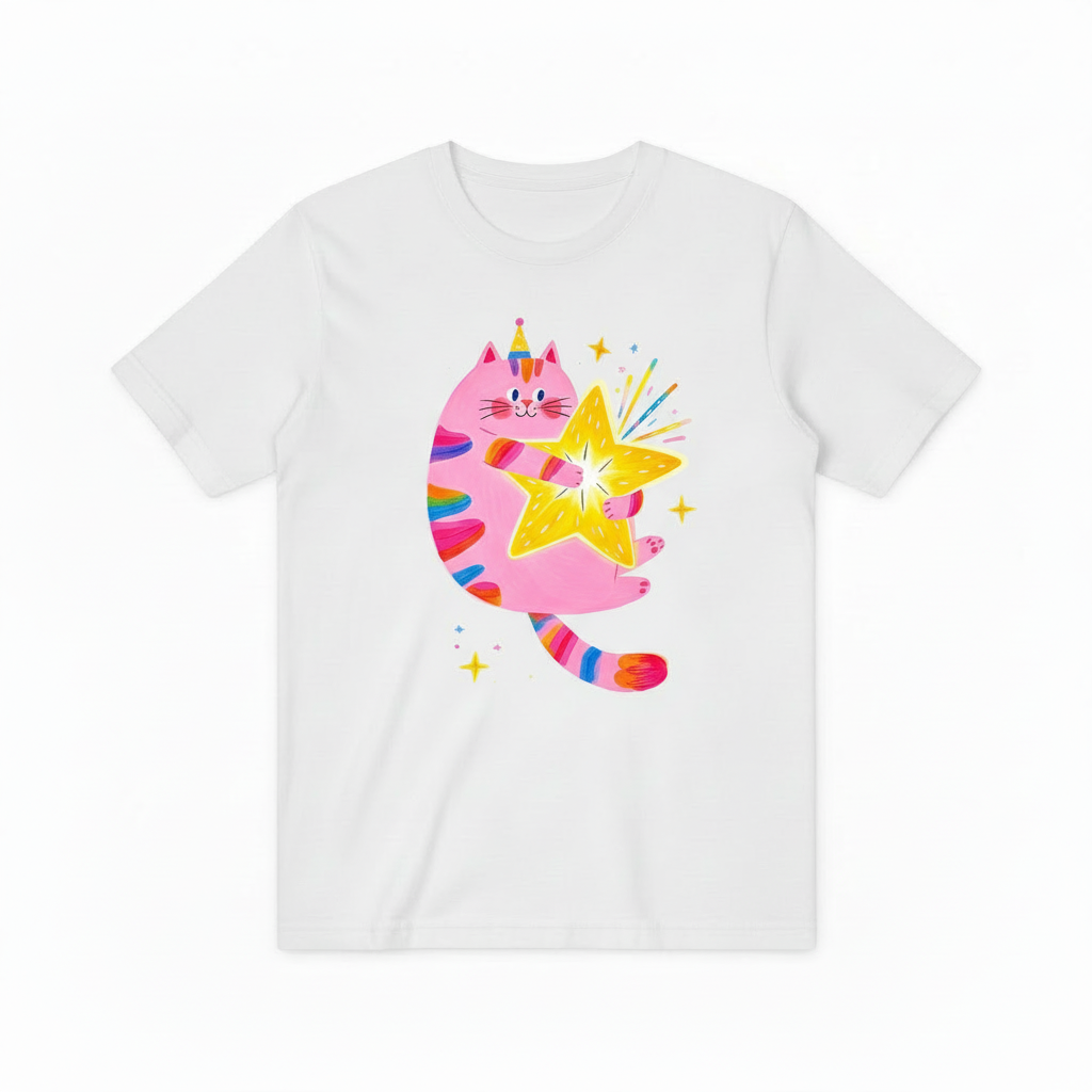 Rainbow Cat Magic Star Graphic Tee - Cute Party T-Shirt T4040