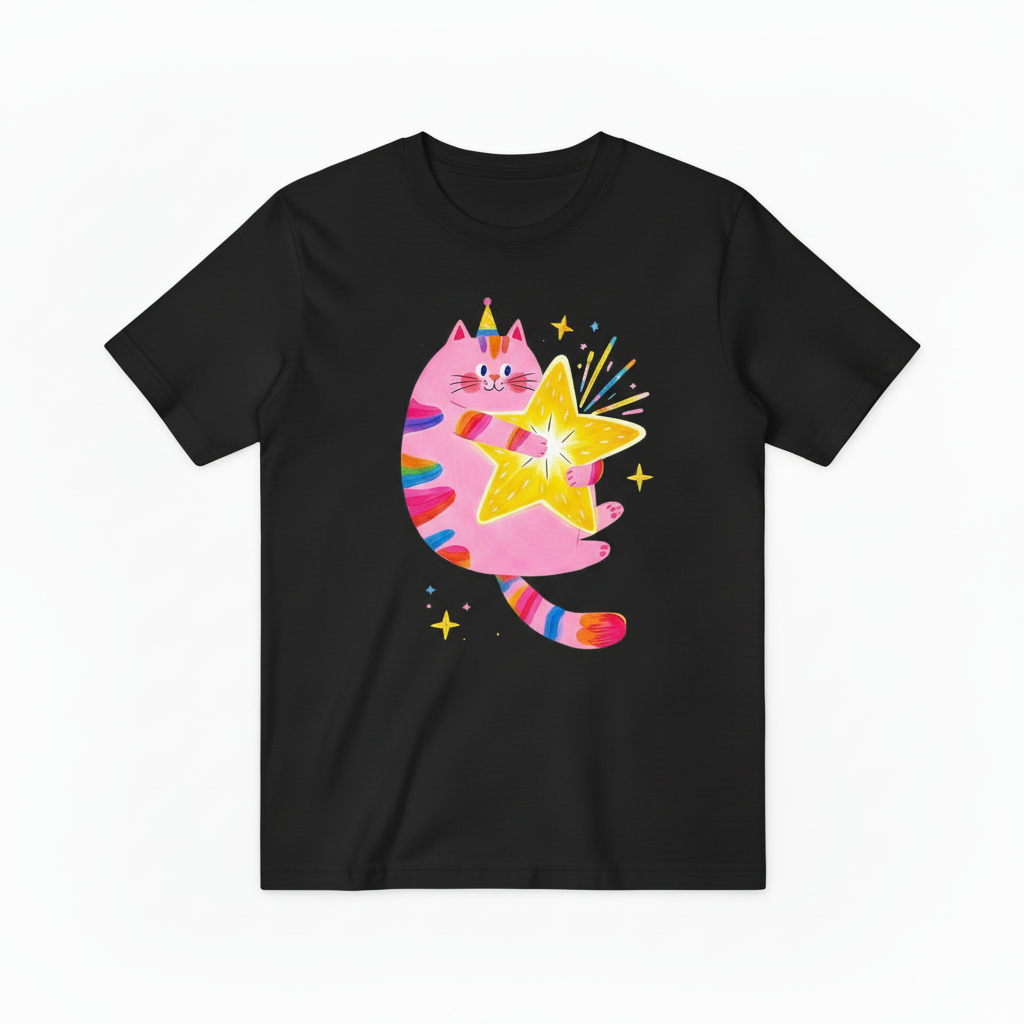 Rainbow Cat Magic Star Graphic Tee - Cute Party T-Shirt T4040