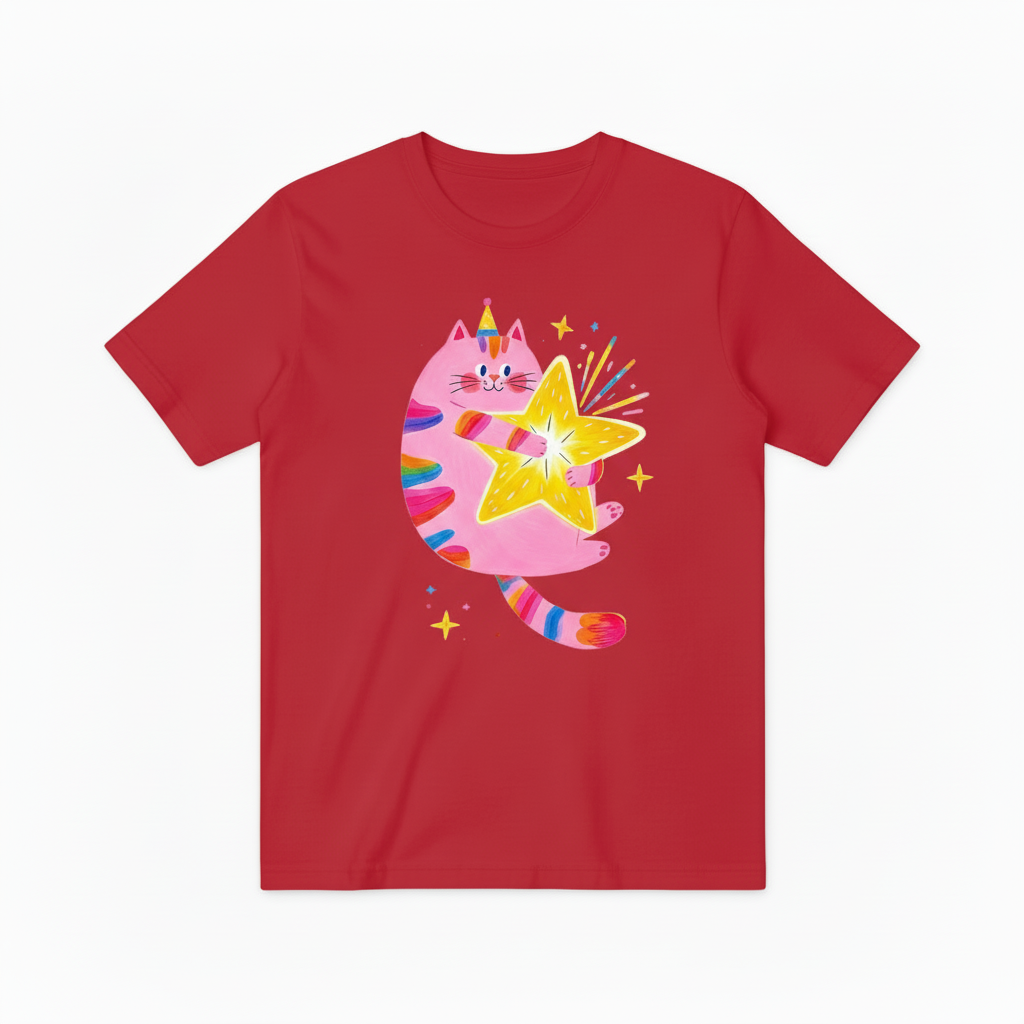 Rainbow Cat Magic Star Graphic Tee - Cute Party T-Shirt T4040