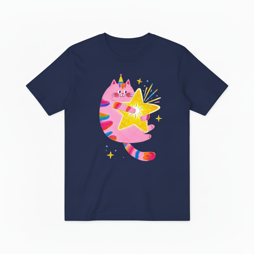 Rainbow Cat Magic Star Graphic Tee - Cute Party T-Shirt T4040