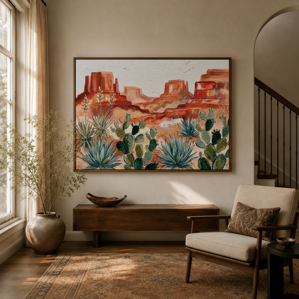 Framed desert cactus canvas wall art displayed in bright entryway with wood console and armchair