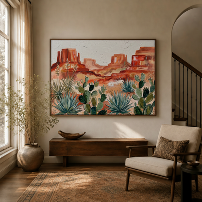 Framed desert cactus canvas wall art displayed in bright entryway with wood console and armchair