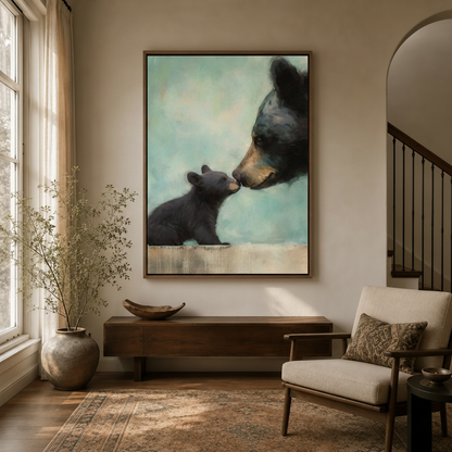 Bear mother and cub canvas art in walnut frame above console in warm neutral entryway with arched doorway
