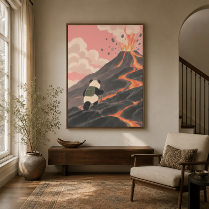 Panda hiking volcano canvas art in walnut frame above console in warm neutral entryway with arched staircase and natural light