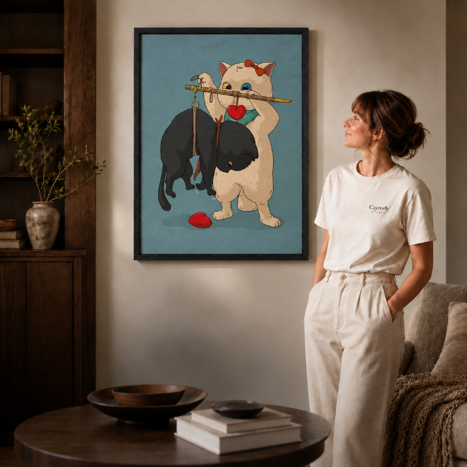 a black-framed whimsical cat canvas print above a console