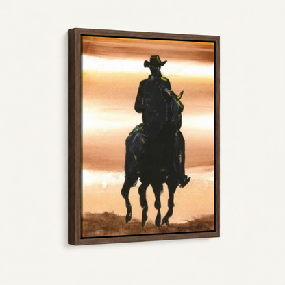 Close-up angled view of framed western cowboy canvas with walnut float frame finish
