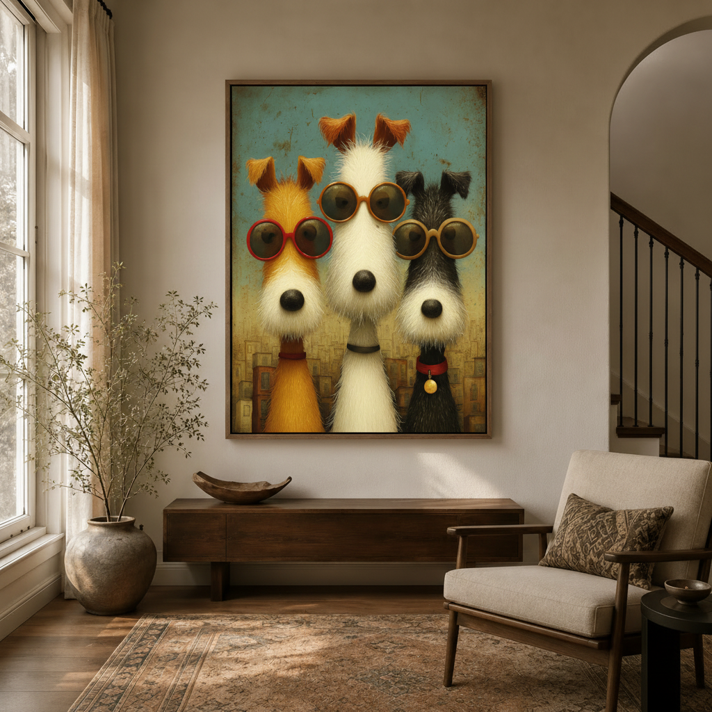 Three dogs sunglasses retro canvas art in walnut frame above console in warm neutral entryway with arched staircase