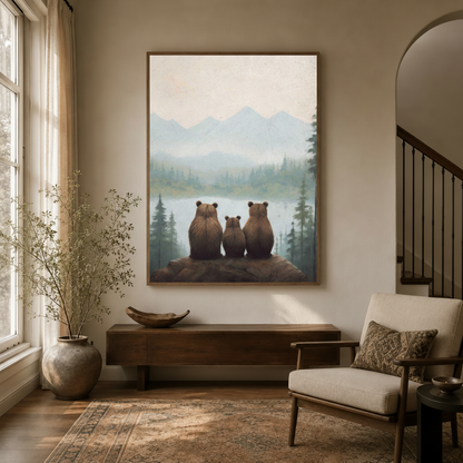 Bear family misty lake canvas art in walnut frame above console in warm neutral entryway with arched staircase