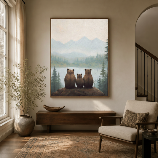 Bear family misty lake canvas art in walnut frame above console in warm neutral entryway with arched staircase