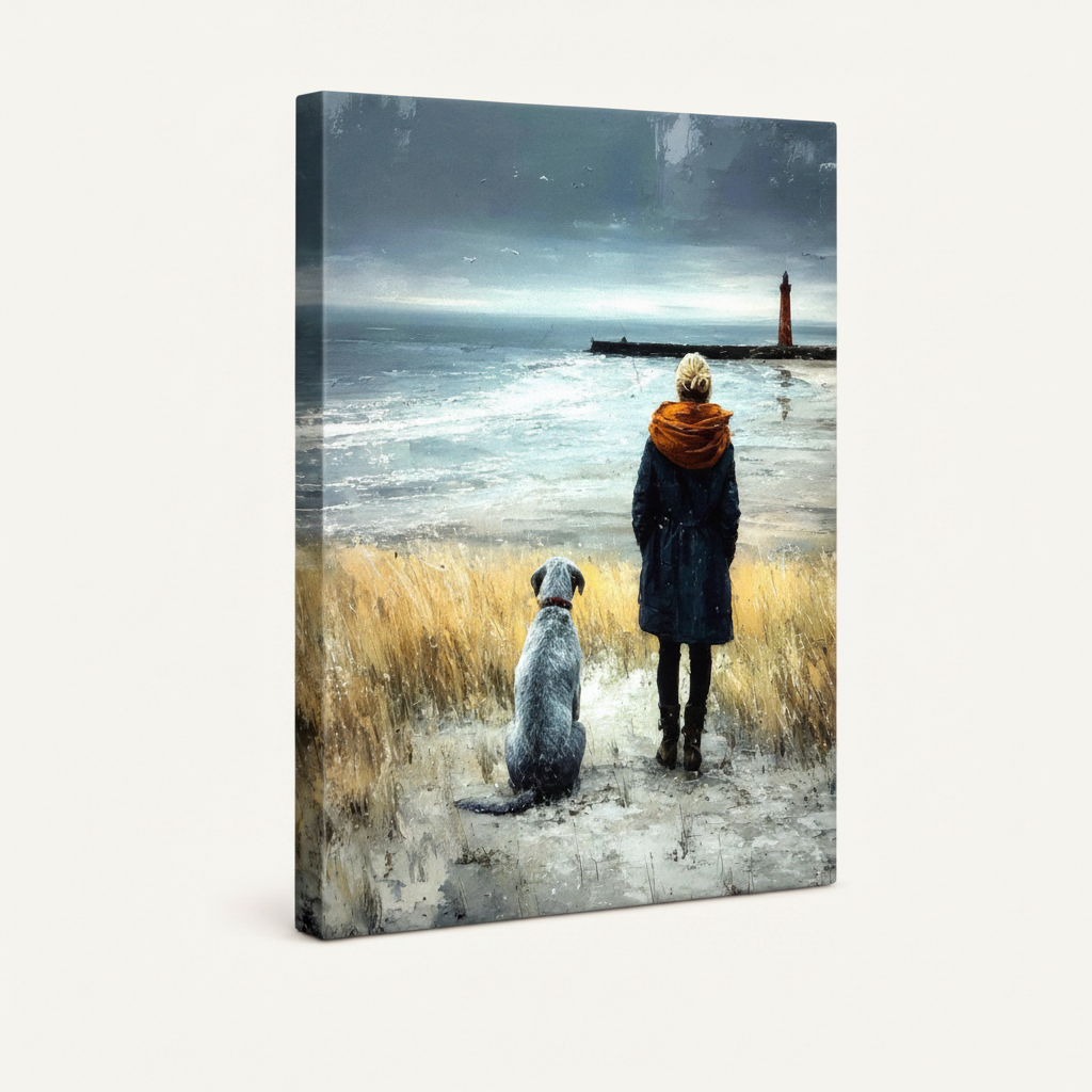 Gallery-wrapped canvas side view of coastal figurative print with stormy ocean and dune grass wrapping the edges