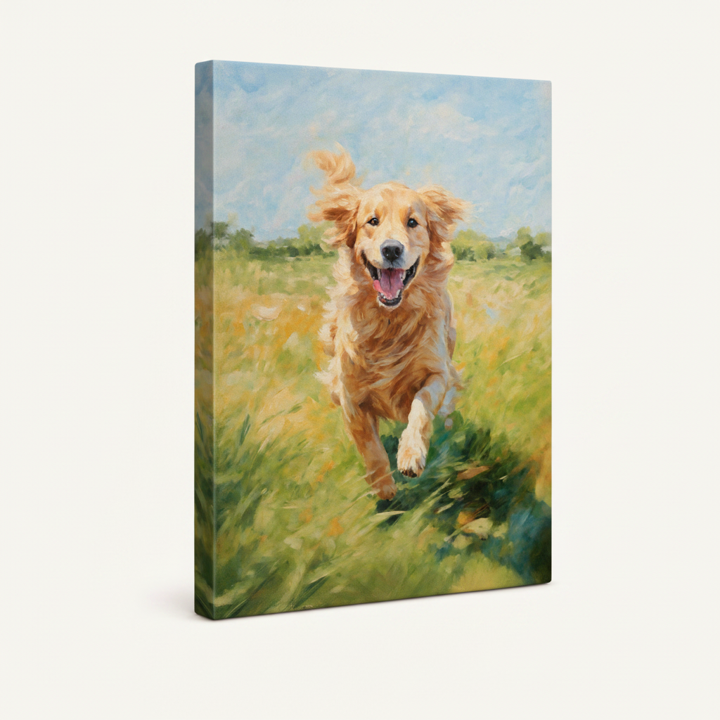 Gallery-wrapped canvas side view of golden retriever dog art print showing vibrant green meadow wrapping around canvas edges