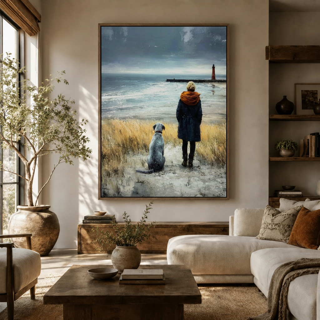 Large coastal painting canvas print of woman and dog at stormy beach displayed on living room wall above white sofa