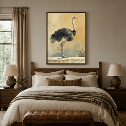 Vintage natural history ostrich canvas above rustic wood bed in warm cozy bedroom with linen bedding