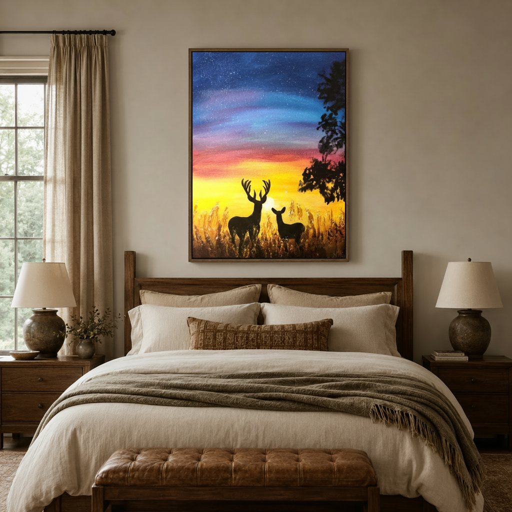 Deer and doe sunset canvas print above rustic wooden bed in cozy neutral bedroom