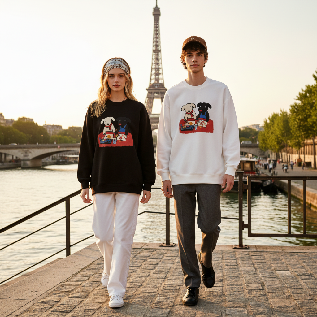 Black White Dog Pair Watercolor Art Crewneck C1114