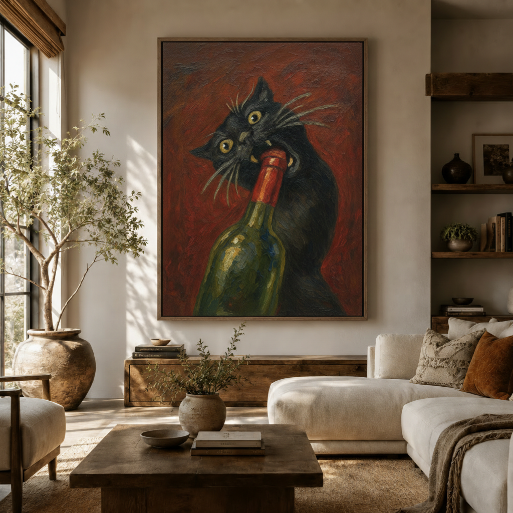 Dark humor vintage cat canvas wall art above white sofa in sunlit organic modern living room