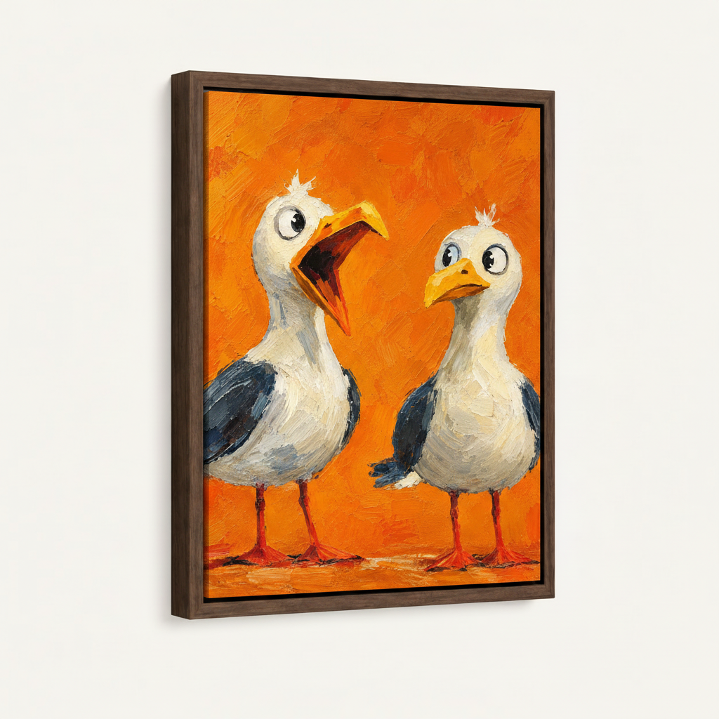 Framed canvas of two expressive seagulls in dark walnut floating frame, angled side view showing canvas wrap depth