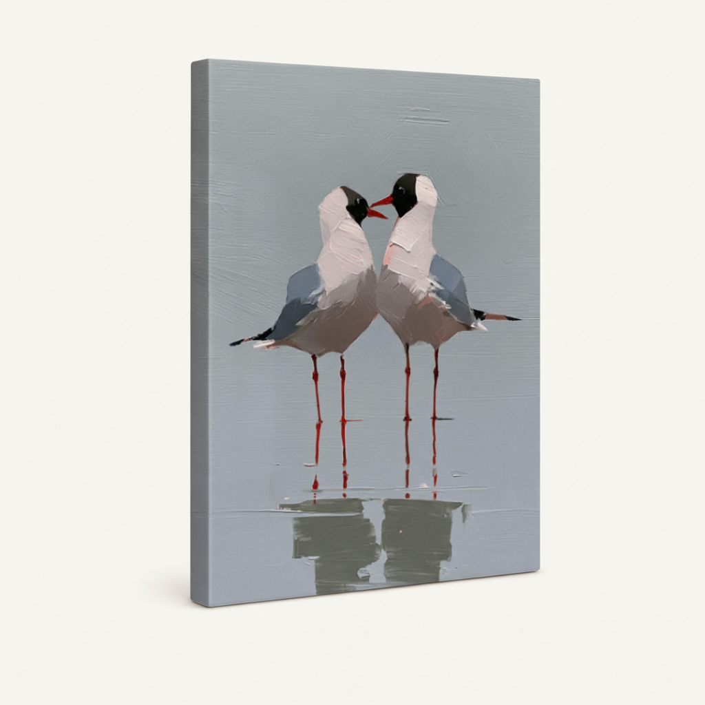 Gallery wrapped canvas print of two seagulls beak to beak with water reflection on soft grey-blue background, angled 3D view