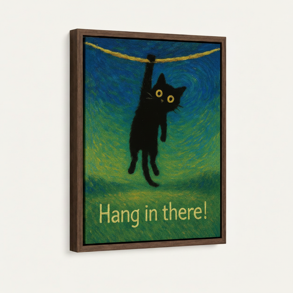 Close-up of framed black cat canvas art with walnut wood frame and swirling green background