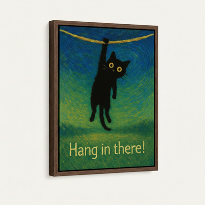 Close-up of framed black cat canvas art with walnut wood frame and swirling green background