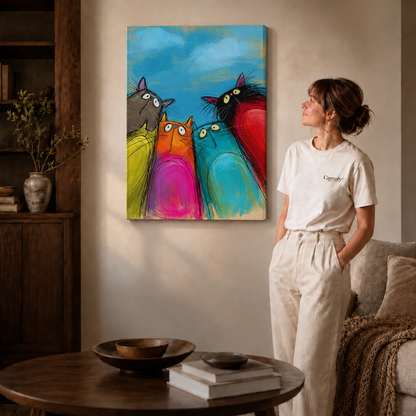 Frameless gallery canvas of colorful whimsical cats displayed above a round side table