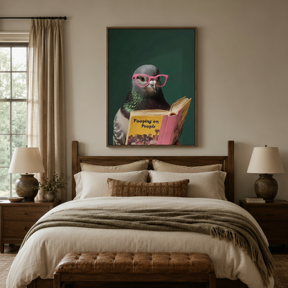 Humorous animal canvas print of pigeon in pink glasses displayed above bed in cozy farmhouse bedroom

