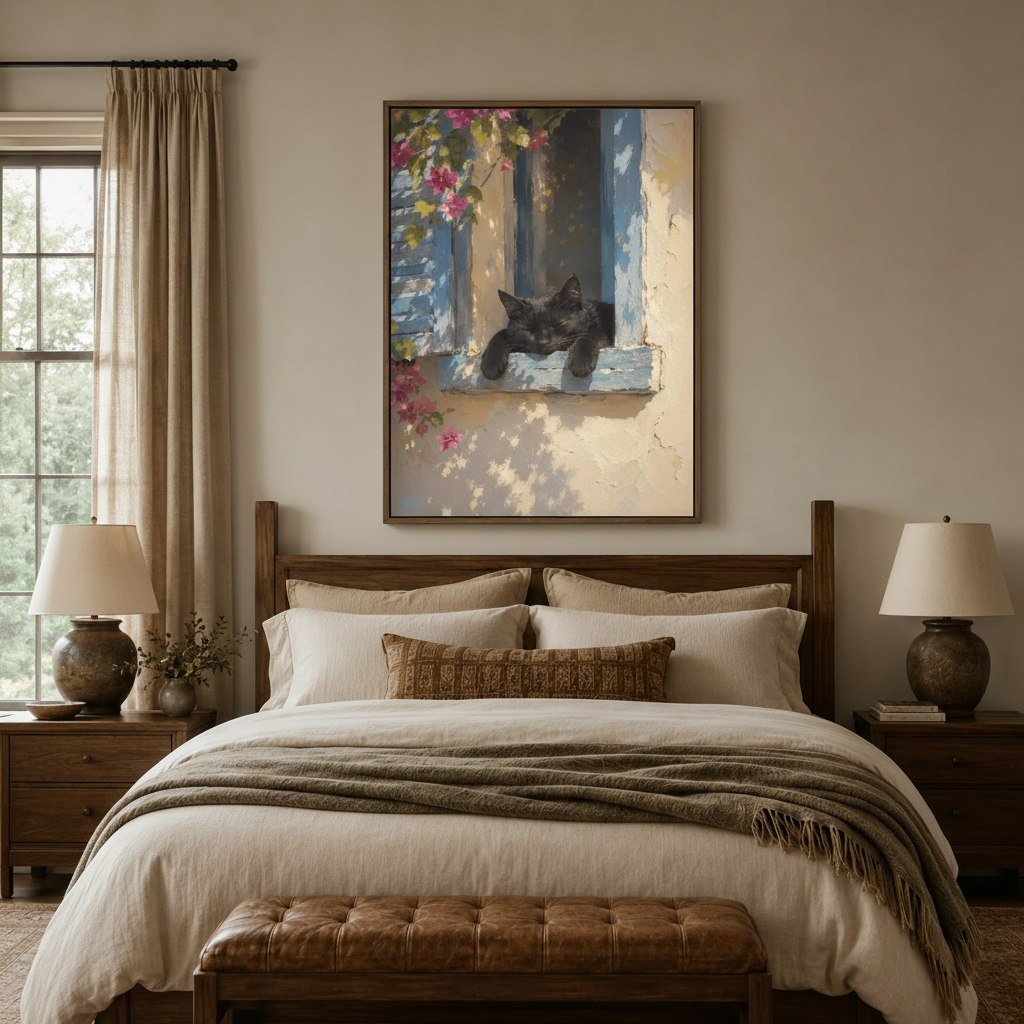 Vintage cat oil painting style canvas print displayed above bed in cozy farmhouse bedroom