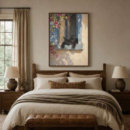 Vintage cat oil painting style canvas print displayed above bed in cozy farmhouse bedroom