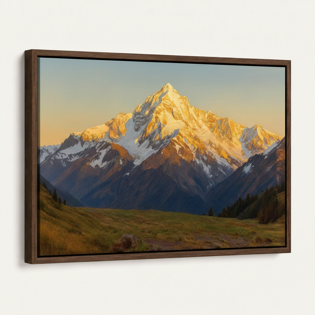 Dark walnut float frame canvas of golden hour mountain alpenglow painting at 45-degree angle on white background