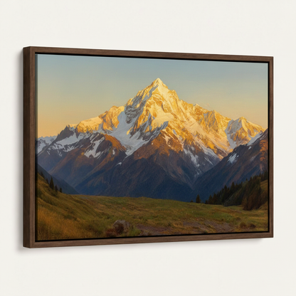 Dark walnut float frame canvas of golden hour mountain alpenglow painting at 45-degree angle on white background
