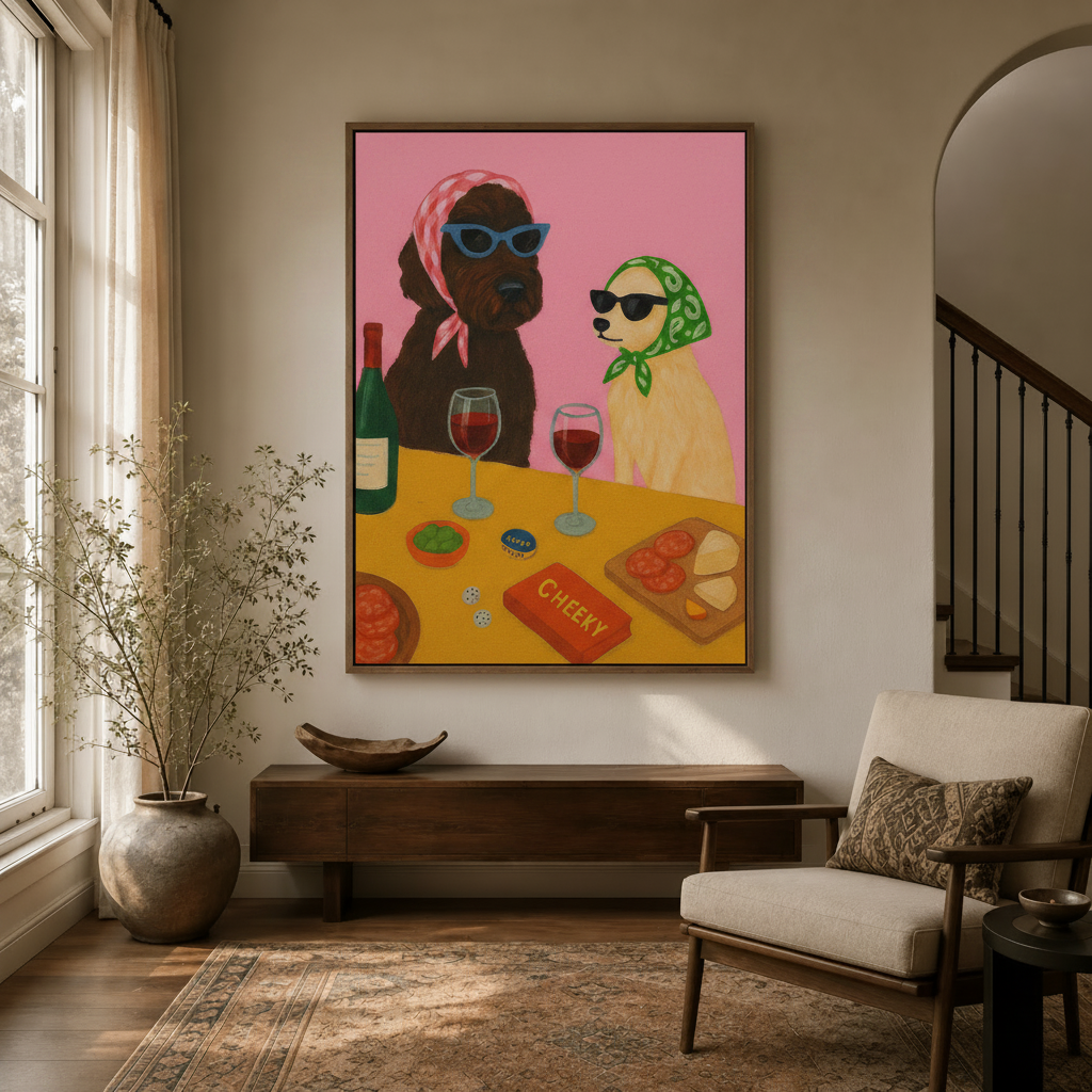 Funny dog wine night canvas print displayed in warm entryway with arched doorway and linen armchair