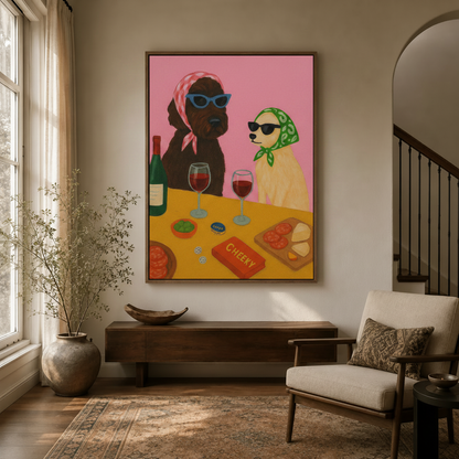 Funny dog wine night canvas print displayed in warm entryway with arched doorway and linen armchair