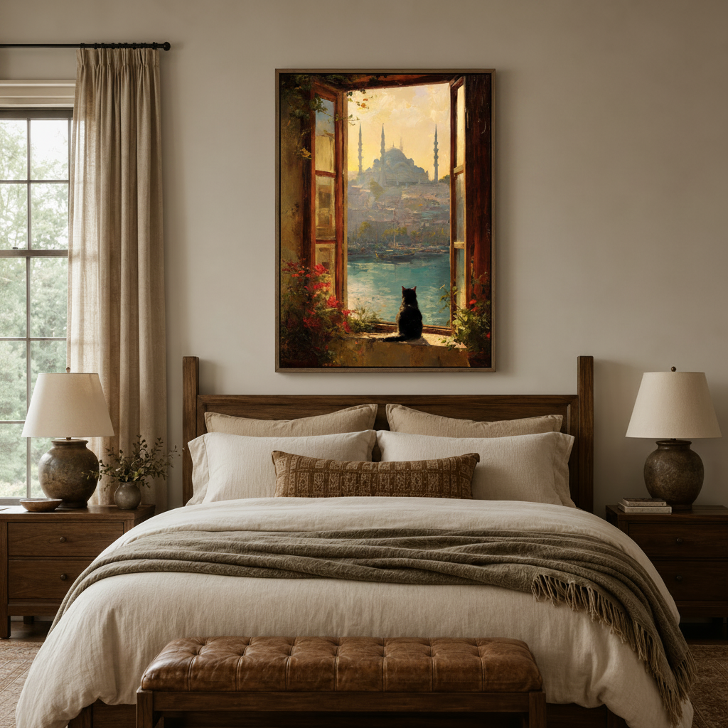 Black cat window view canvas print hanging above wooden bed in cozy farmhouse-style bedroom